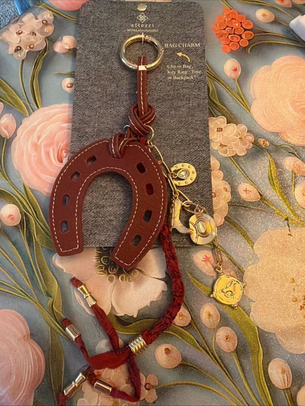 Alterri Genuine Leather Horseshoe Bag Charm With Gold Western Themed Charms NEW